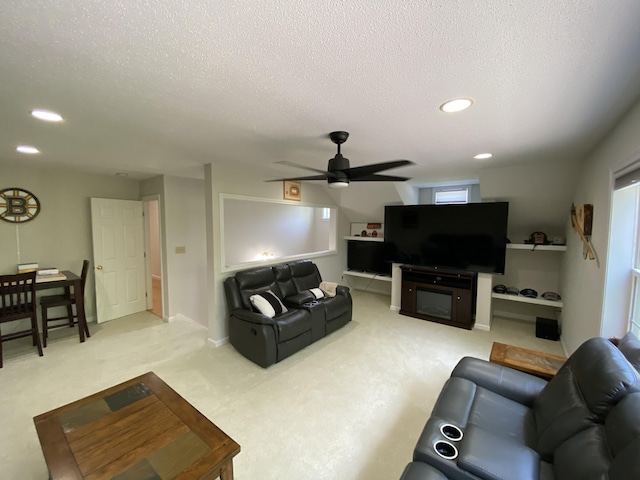 12 Cromwell Dr, Orono, ME 04473 - living area featuring a ceiling fan, recessed lighting, a textured ceiling, and light carpet