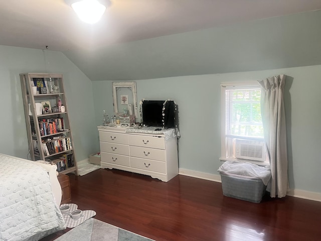 5 Columbia St, Augusta, ME 04330 - bedroom with dark wood-type flooring, lofted ceiling, cooling unit, and baseboards