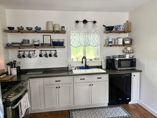 5 Columbia St, Augusta, ME 04330 - kitchen featuring appliances with stainless steel finishes, a sink, open shelves, dark countertops, and backsplash