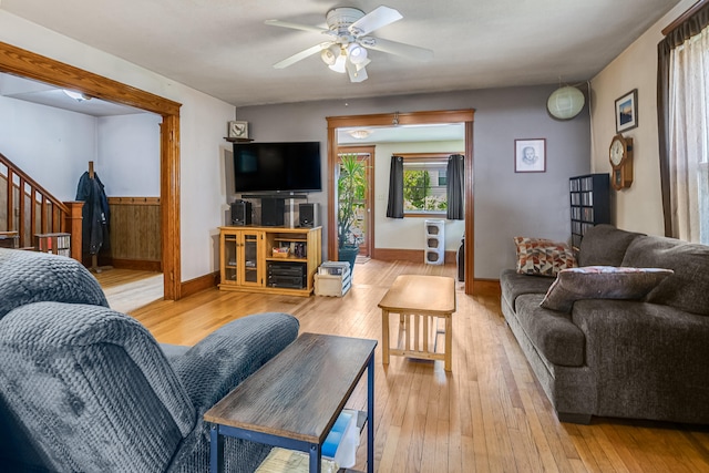 121 Bolton St, Portland, ME 04102 - living room with ceiling fan, light wood-style floors, baseboards, and stairway