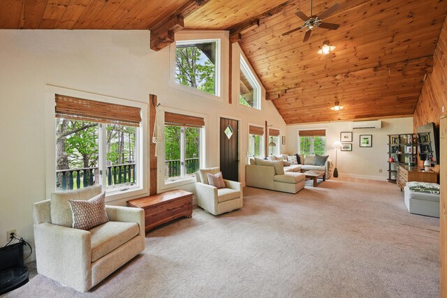14 Greenleaf Ln, Monmouth, ME 04259 - living room featuring wooden ceiling with exposed beams, a wall unit AC, carpet floors, ceiling fan, and high vaulted ceiling