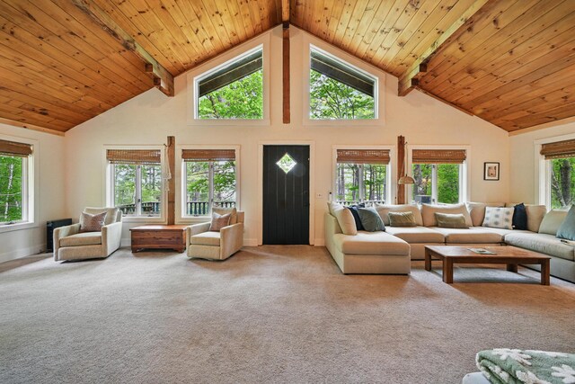 14 Greenleaf Ln, Monmouth, ME 04259 - carpeted living area featuring high vaulted ceiling, wooden ceiling with exposed beams, and baseboards