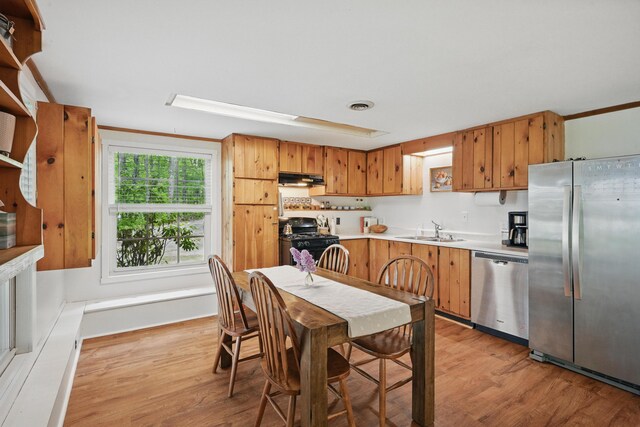 14 Greenleaf Ln, Monmouth, ME 04259 - kitchen with appliances with stainless steel finishes, a sink, light wood-style flooring, and under cabinet range hood