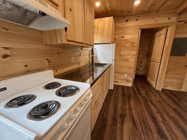 105 Gales Rd, Abbot, ME 04406 - kitchen with white electric stove, under cabinet range hood, wood walls, dark wood finished floors, and a sink