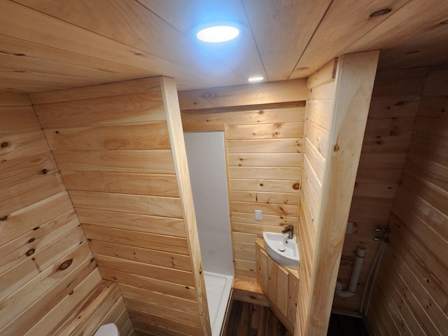 105 Gales Rd, Abbot, ME 04406 - bathroom featuring wooden walls and vanity