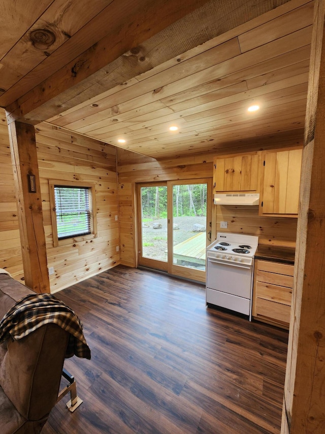105 Gales Rd, Abbot, ME 04406 - kitchen with white electric range oven, under cabinet range hood, light brown cabinets, dark wood-style flooring, and wooden ceiling