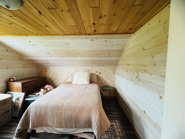 228 Mcburnie Rd, Presque Isle, ME 04769 - bedroom with wood ceiling, dark wood-type flooring, wooden walls, and vaulted ceiling