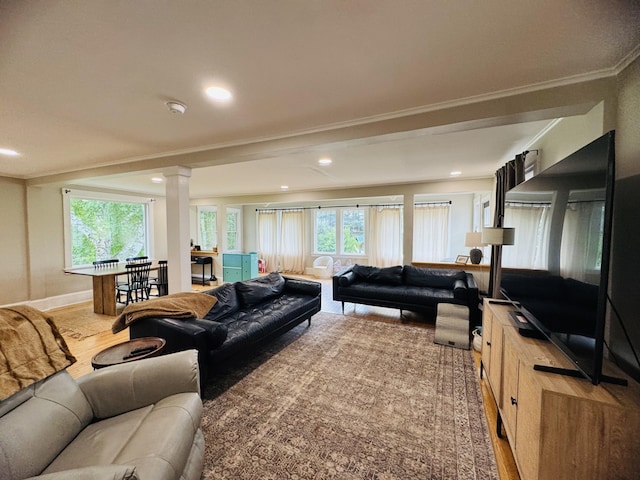 228 Mcburnie Rd, Presque Isle, ME 04769 - living area with decorative columns, light wood finished floors, healthy amount of natural light, recessed lighting, and crown molding