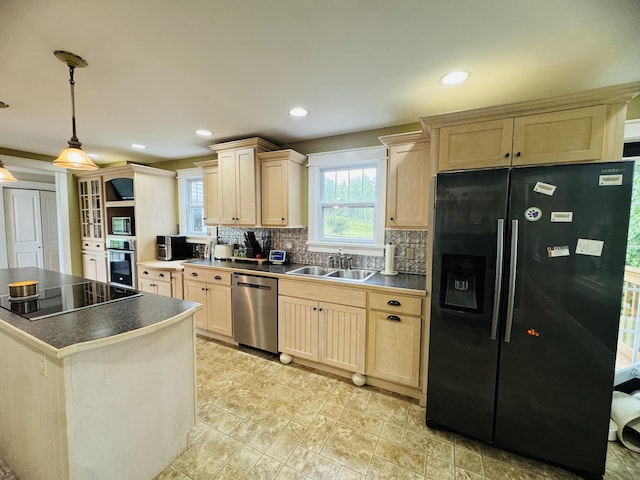 228 Mcburnie Rd, Presque Isle, ME 04769 - kitchen featuring black appliances, dark countertops, decorative backsplash, light brown cabinets, and recessed lighting
