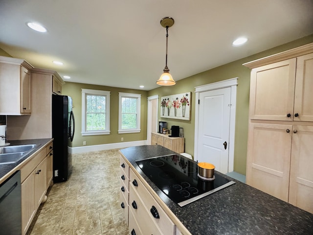 228 Mcburnie Rd, Presque Isle, ME 04769 - kitchen featuring black appliances, dark countertops, pendant lighting, light brown cabinets, and recessed lighting
