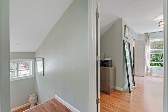 194 Larkin St, Bangor, ME 04401 - hallway featuring plenty of natural light, light wood-type flooring, baseboards, and lofted ceiling