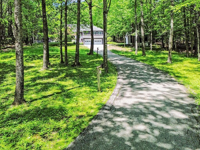 363 Winthrop Center Rd, Winthrop, ME 04364 - view of home's community with a garage, driveway, a lawn, and a view of trees