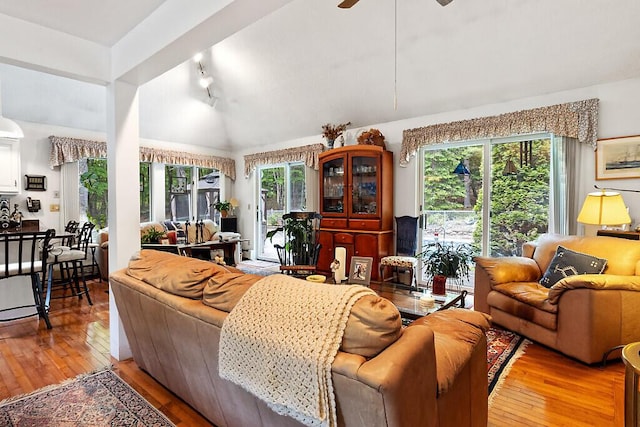363 Winthrop Center Rd, Winthrop, ME 04364 - living room with vaulted ceiling, wood-type flooring, and ceiling fan