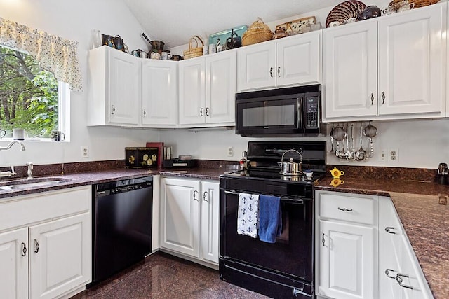 363 Winthrop Center Rd, Winthrop, ME 04364 - kitchen with black appliances, a sink, granite tiled floors, and white cabinetry