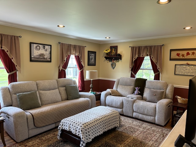 25 Raccoon Rd, Cushing, ME 04563 - living area with ornamental molding and recessed lighting