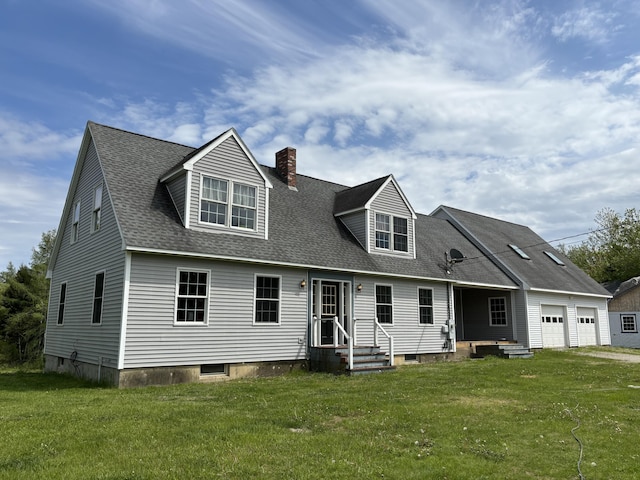 25 Raccoon Rd, Cushing, ME 04563 - view of front of home with a garage, a chimney, a front yard, and a shingled roof