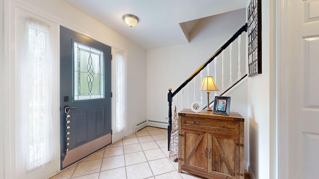 176 Weeks Rd, Gorham, ME 04038 - foyer featuring plenty of natural light, a baseboard heating unit, stairway, and light tile patterned floors
