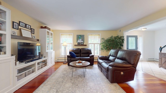 176 Weeks Rd, Gorham, ME 04038 - living room featuring baseboard heating, hardwood / wood-style floors, and a baseboard heating unit