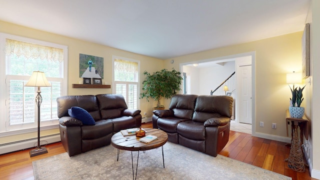 176 Weeks Rd, Gorham, ME 04038 - living area with hardwood / wood-style flooring, a baseboard radiator, baseboards, and stairs