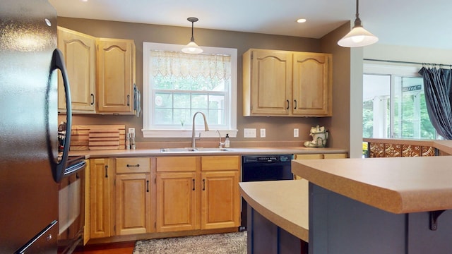 176 Weeks Rd, Gorham, ME 04038 - kitchen with black appliances, a sink, light brown cabinetry, healthy amount of natural light, and recessed lighting