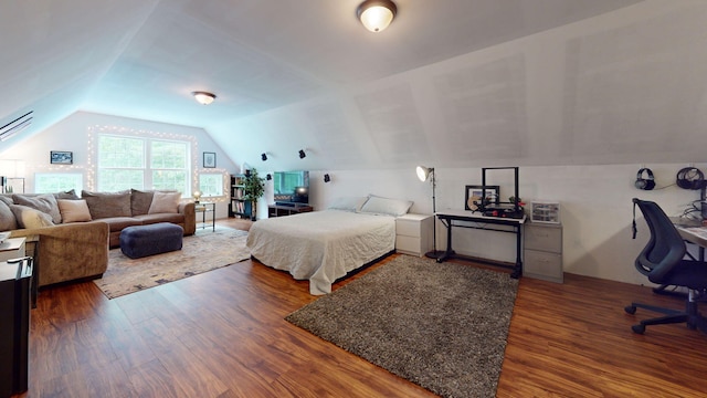 176 Weeks Rd, Gorham, ME 04038 - bedroom with vaulted ceiling, dark wood-style floors, and a desk