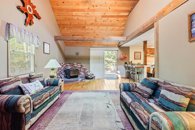 125 Lone Indian Trl, Augusta, ME 04330 - living area featuring wood-type flooring, wooden ceiling, and high vaulted ceiling
