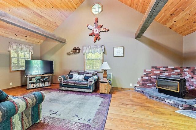 125 Lone Indian Trl, Augusta, ME 04330 - living area featuring wood finished floors, lofted ceiling, healthy amount of natural light, baseboards, and wooden ceiling
