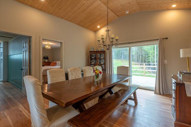 144 Woody Ln, Cushing, ME 04563 - dining room featuring light wood-style floors, a chandelier, wood ceiling, recessed lighting, and high vaulted ceiling