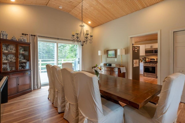 144 Woody Ln, Cushing, ME 04563 - dining space featuring a chandelier, light wood-type flooring, wooden ceiling, and high vaulted ceiling