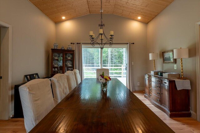 144 Woody Ln, Cushing, ME 04563 - dining area featuring a chandelier, light wood-style flooring, wood ceiling, baseboards, and high vaulted ceiling
