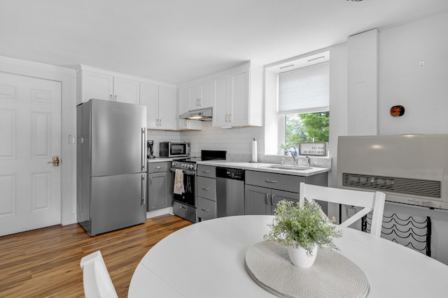 15 Mill Hl Unit 2B, Bethel, ME 04217 - kitchen featuring stainless steel appliances, under cabinet range hood, a sink, light countertops, and gray cabinetry