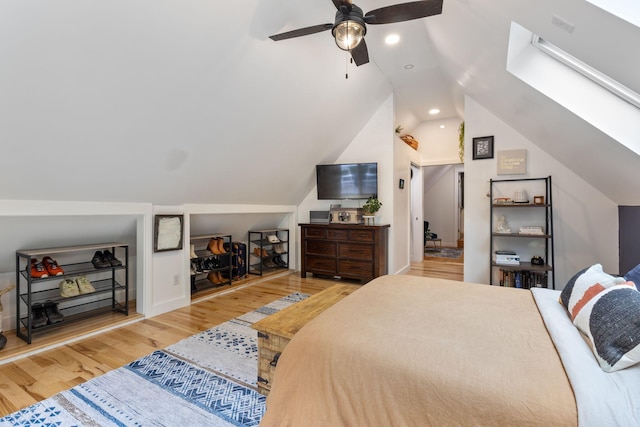 39 Solomon Dr, Gorham, ME 04038 - bedroom featuring wood finished floors, vaulted ceiling, recessed lighting, and ceiling fan