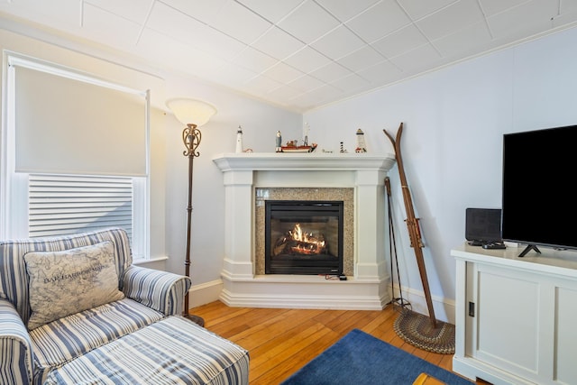 75 Ledgelawn Ave, Bar Harbor, ME 04609 - living room with light wood-style flooring, a glass covered fireplace, and crown molding
