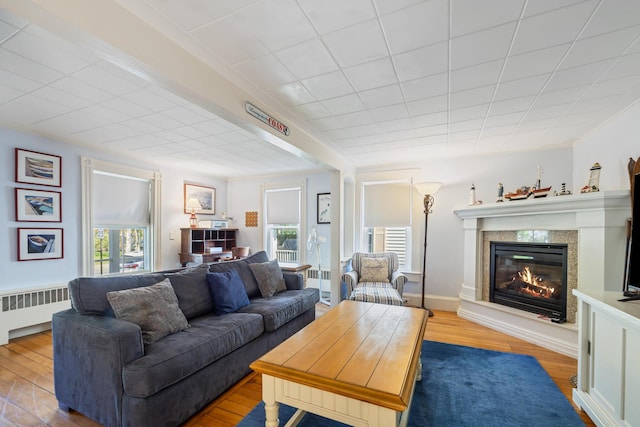 75 Ledgelawn Ave, Bar Harbor, ME 04609 - living area with radiator heating unit, plenty of natural light, a high end fireplace, and wood finished floors