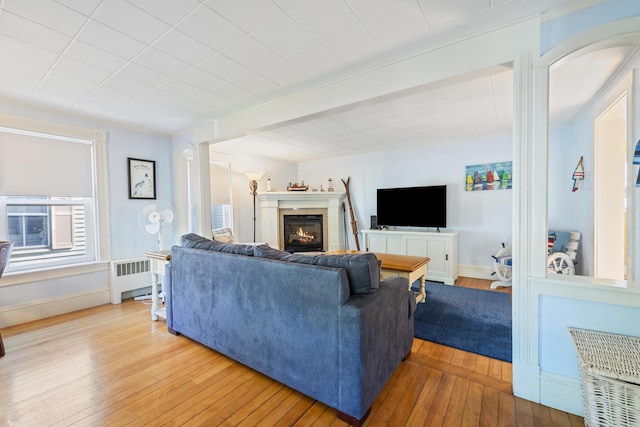 75 Ledgelawn Ave, Bar Harbor, ME 04609 - living area with radiator heating unit, wood-type flooring, and a glass covered fireplace