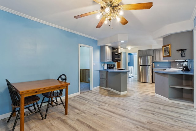165 Temple Ave Unit 1, Old Orchard Beach, ME 04064 - kitchen featuring stainless steel appliances, gray cabinetry, open shelves, a peninsula, and light wood-style flooring
