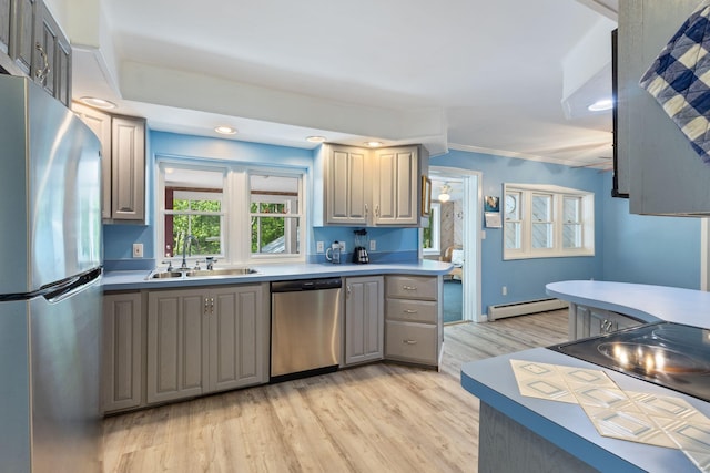 165 Temple Ave Unit 1, Old Orchard Beach, ME 04064 - kitchen featuring stainless steel appliances, a sink, a baseboard heating unit, gray cabinetry, and light wood finished floors