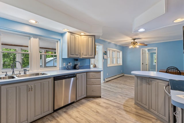 165 Temple Ave Unit 1, Old Orchard Beach, ME 04064 - kitchen featuring stainless steel dishwasher, baseboard heating, a sink, gray cabinets, and recessed lighting