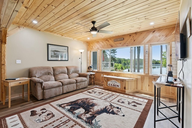 31 Middle Rd, Acton, ME 04001 - living room with wood ceiling, wood finished floors, ceiling fan, recessed lighting, and wood walls