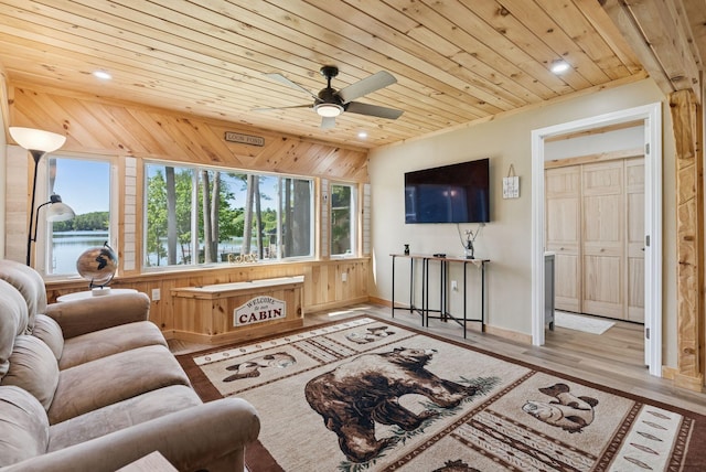 31 Middle Rd, Acton, ME 04001 - living room with wood ceiling, a ceiling fan, baseboards, wood finished floors, and recessed lighting