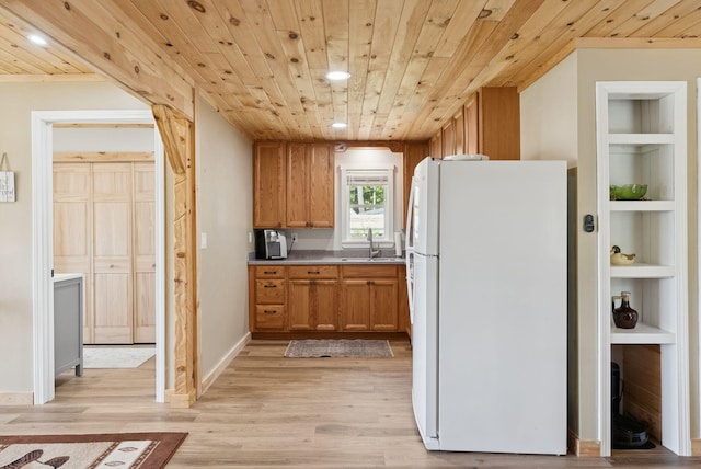 31 Middle Rd, Acton, ME 04001 - kitchen featuring freestanding refrigerator, wood ceiling, light wood-style flooring, a sink, and recessed lighting