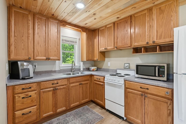 31 Middle Rd, Acton, ME 04001 - kitchen featuring a sink, white appliances, light wood-style flooring, wood ceiling, and brown cabinetry