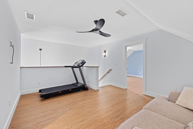 12 Haleys Ct Unit 21, Wells, ME 04090 - exercise room featuring lofted ceiling, light wood-type flooring, ceiling fan, and baseboards