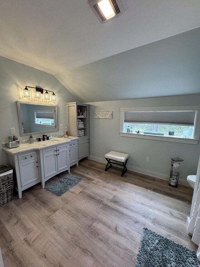 588 Mason Bay Rd, Jonesport, ME 04649 - full bath with vanity, vaulted ceiling, wood finished floors, baseboards, and toilet