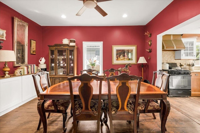 44 Bridge St, Bucksport, ME 04416 - dining area with light wood finished floors, ceiling fan, and recessed lighting