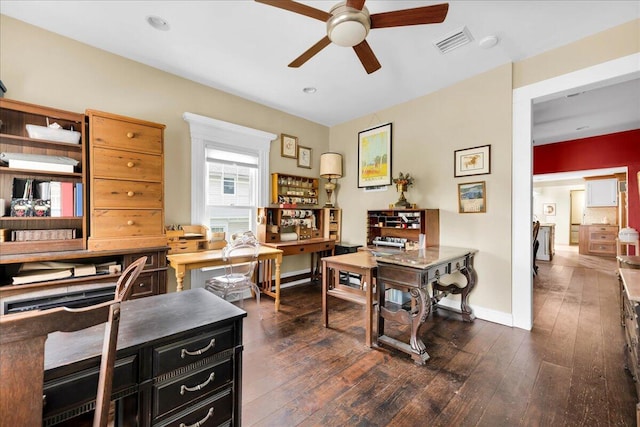 44 Bridge St, Bucksport, ME 04416 - office with ceiling fan, dark wood-style flooring, baseboards, and recessed lighting