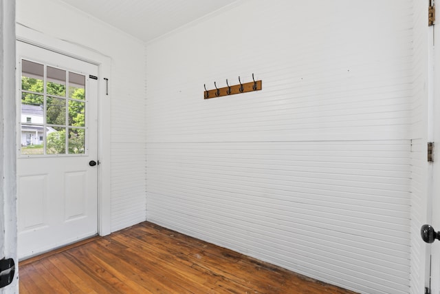 127 Lake St, Auburn, ME 04210 - doorway to outside with crown molding and dark wood-type flooring