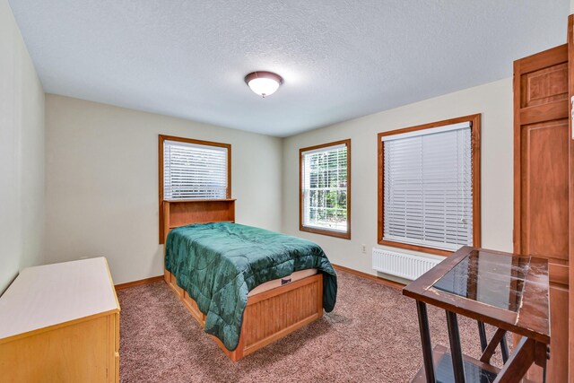 42 Lee Dr, Albion, ME 04910 - bedroom featuring radiator heating unit, baseboards, carpet, and a textured ceiling