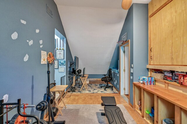 42 Lee Dr, Albion, ME 04910 - workout room featuring vaulted ceiling