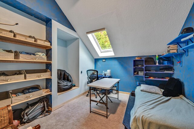 42 Lee Dr, Albion, ME 04910 - bedroom with lofted ceiling, a skylight, carpet floors, a textured ceiling, and baseboards